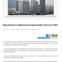 Bajan fusiones y adquisiciones empresariales; decrecen 1.38%